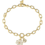 GUESS-STEEL-LOVE-BITES-JUBB06044JWYGL-Βραχιόλι-Χρυσό-Με-Κρεμαστό-Τετράφυλλο-Με-Πέτρες-Και-Λογότυπο
